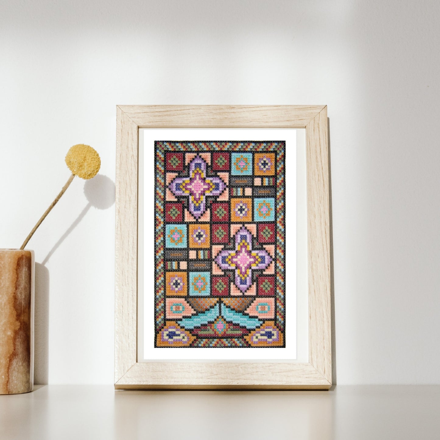 Mid Century Modern Sampler Cross Stitch Pattern PDF - Oriental Sunset, Double Cross Stitch DIY Purse Base and Needlepoint Wall Art