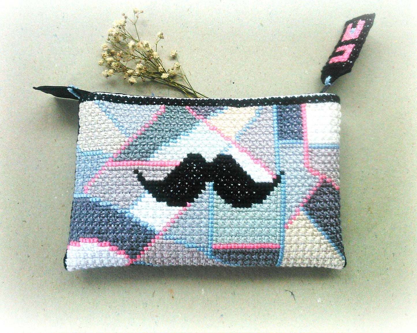 Double Cross Stitch Sampler - Moustache, Video YouTube Tutorials, DIY Cross Stitch Purse, Instant Download, Abstract Needlework