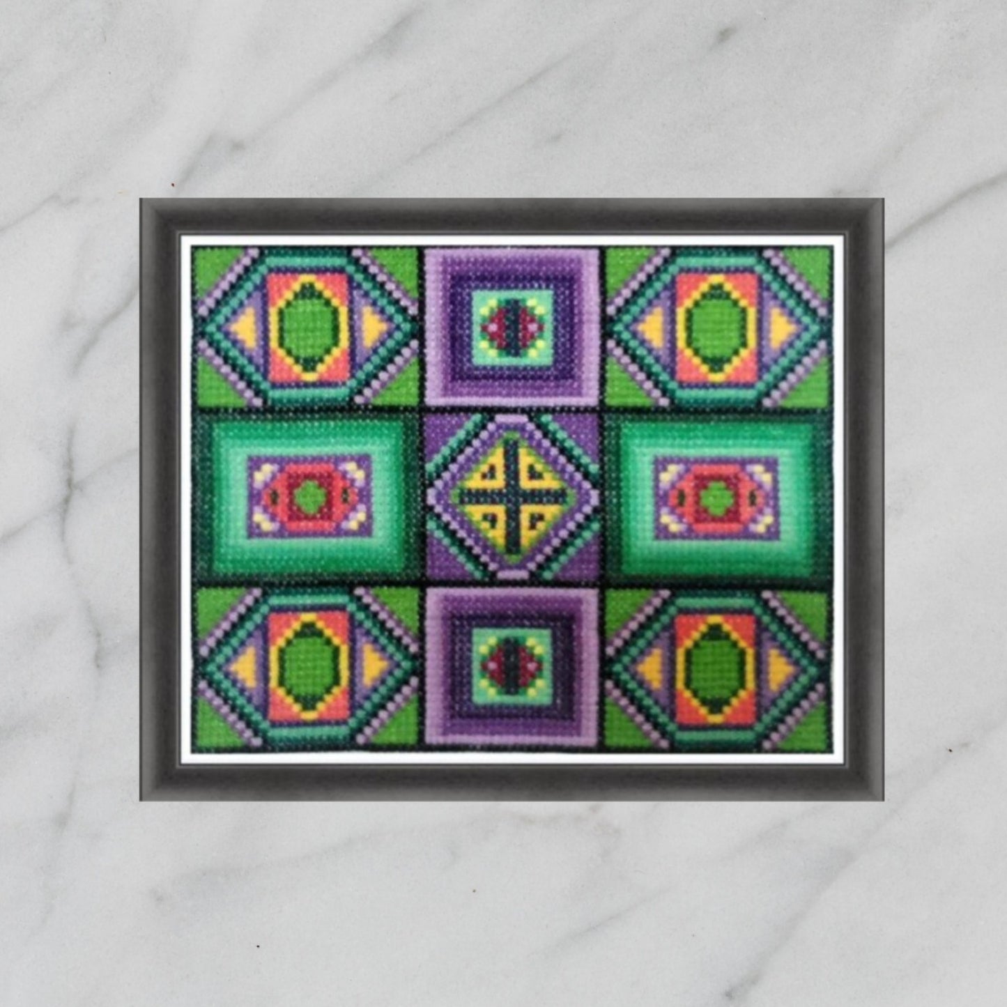 Sampler Cross Stitch Pattern PDF - Precious Stones, Double Cross Stitch DIY Embroidery Art, Green Tiles, Mid Century Modern Design Square