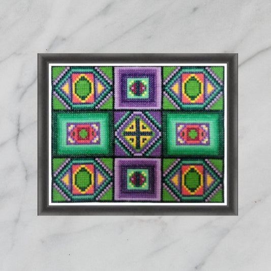 Sampler Cross Stitch Pattern PDF - Precious Stones, Double Cross Stitch DIY Embroidery Art, Green Tiles, Mid Century Modern Design Square