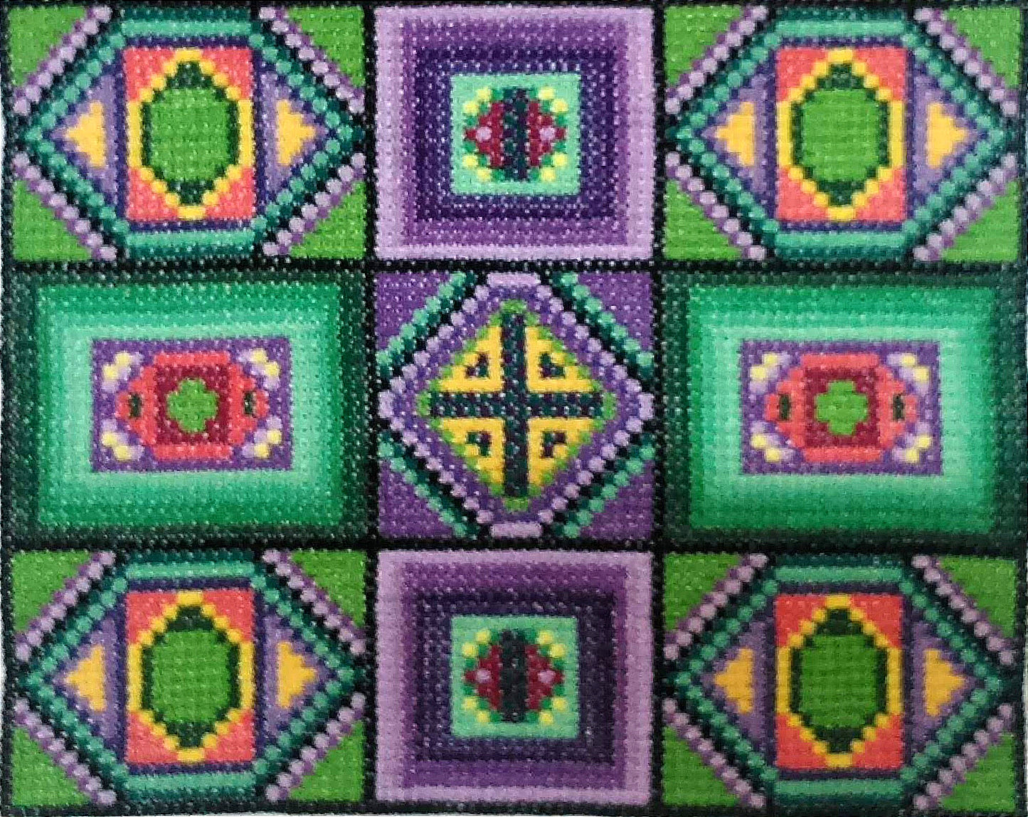 Sampler Cross Stitch Pattern PDF - Precious Stones, Double Cross Stitch DIY Embroidery Art, Green Tiles, Mid Century Modern Design Square