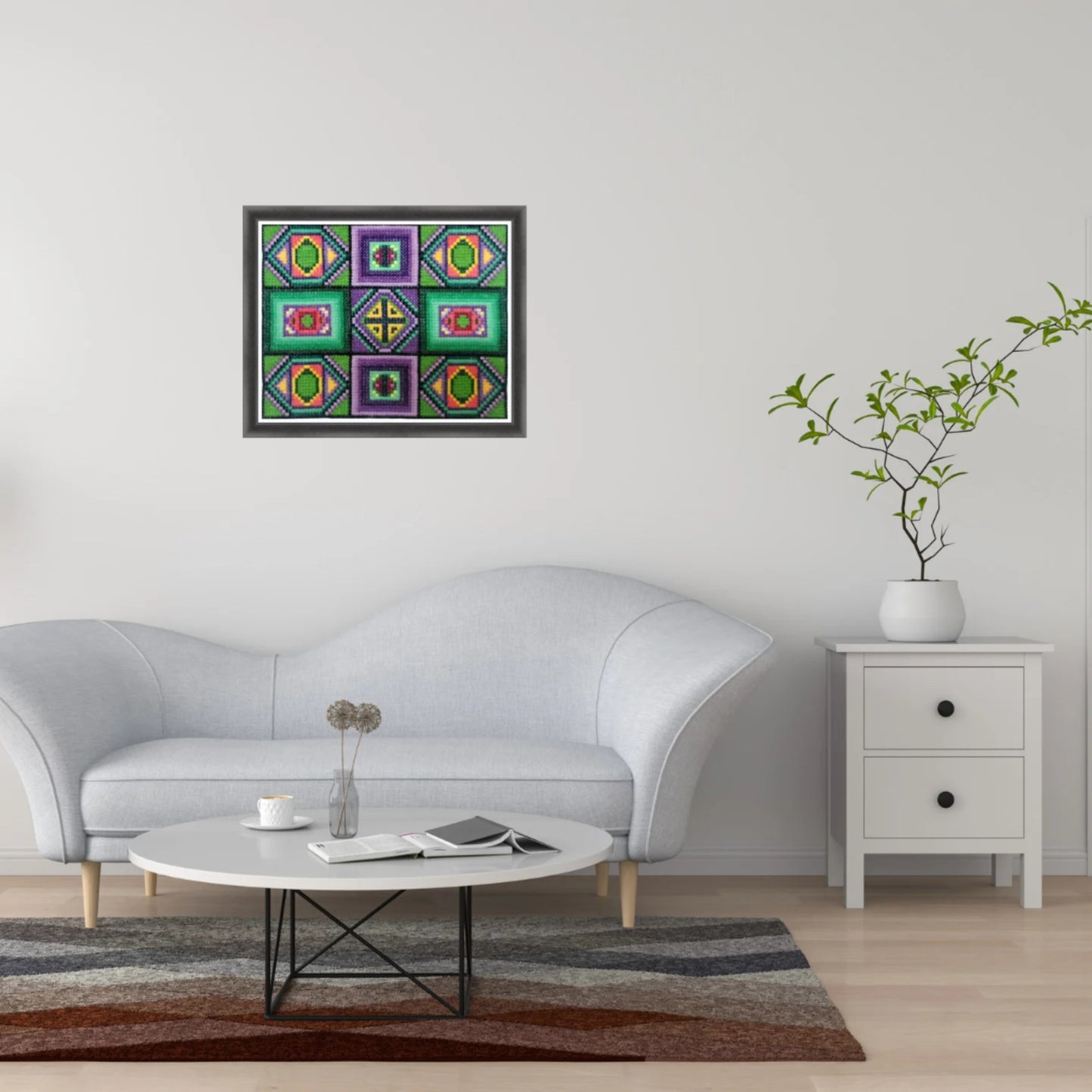 Sampler Cross Stitch Pattern PDF - Precious Stones, Double Cross Stitch DIY Embroidery Art, Green Tiles, Mid Century Modern Design Square