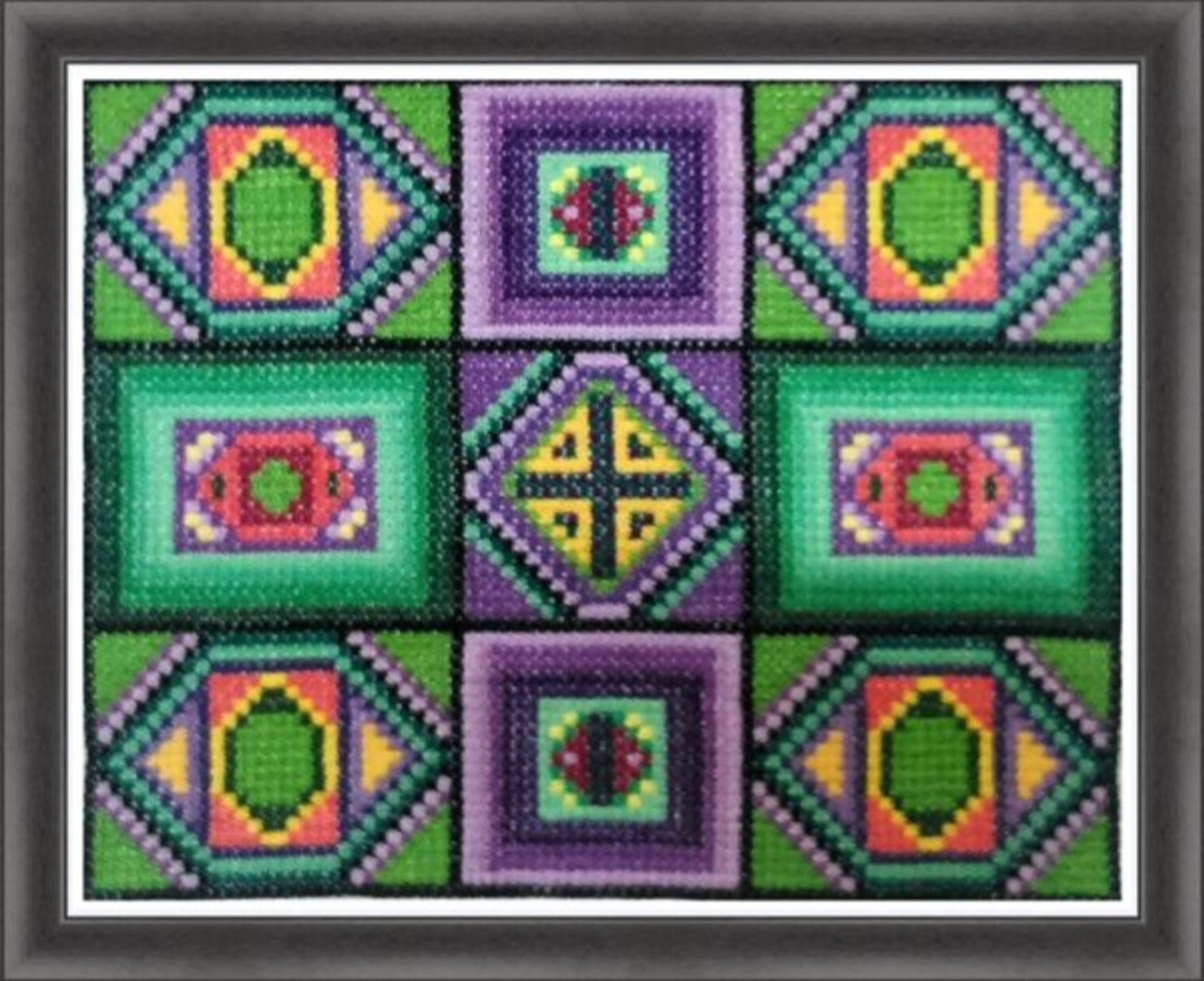 Sampler Cross Stitch Pattern PDF - Precious Stones, Double Cross Stitch DIY Embroidery Art, Green Tiles, Mid Century Modern Design Square