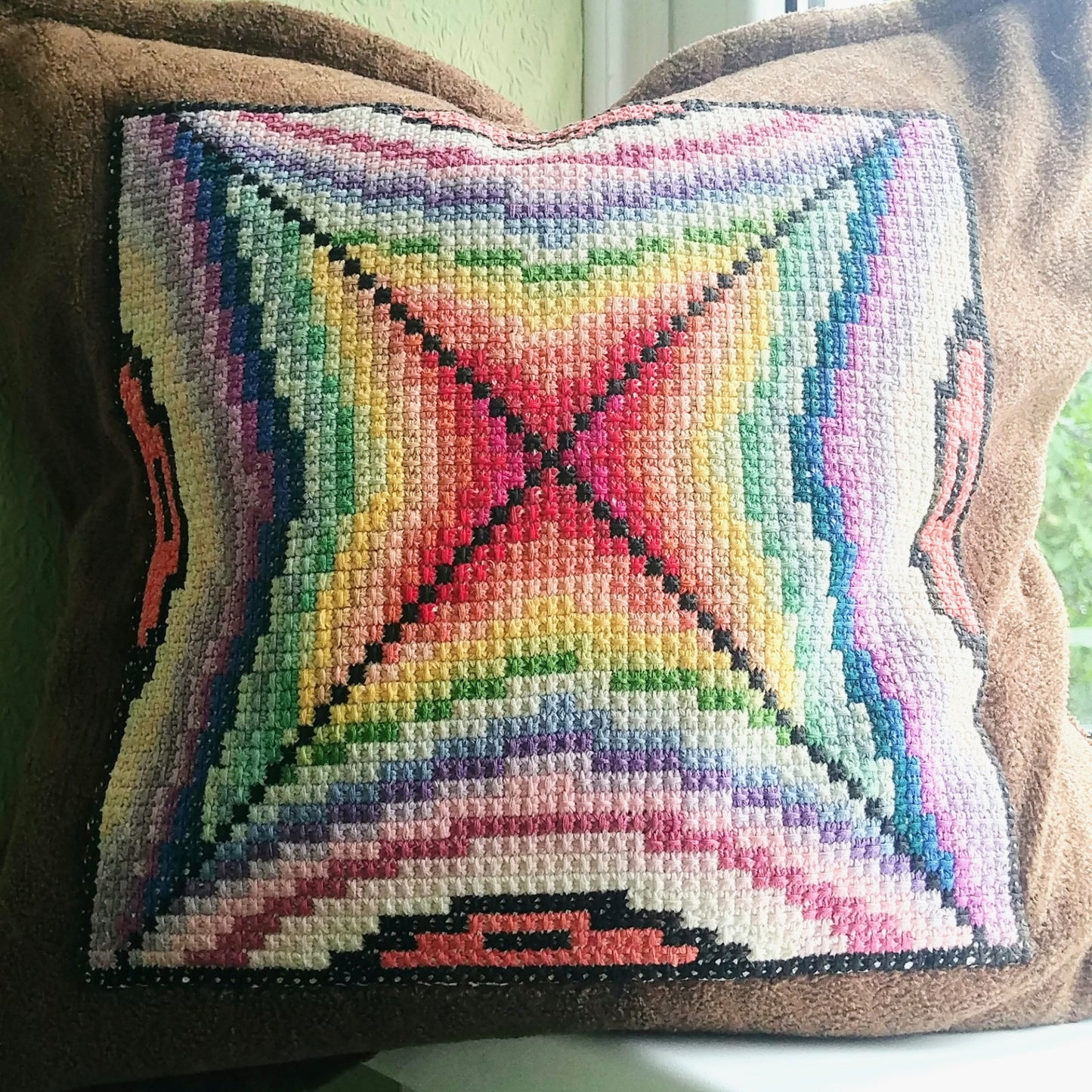Sampler Cross Stitch Pattern - Rainbow in the Spiderweb, DIY Cross Stitch Pillow & Wall Decor, Double Cross Stitching