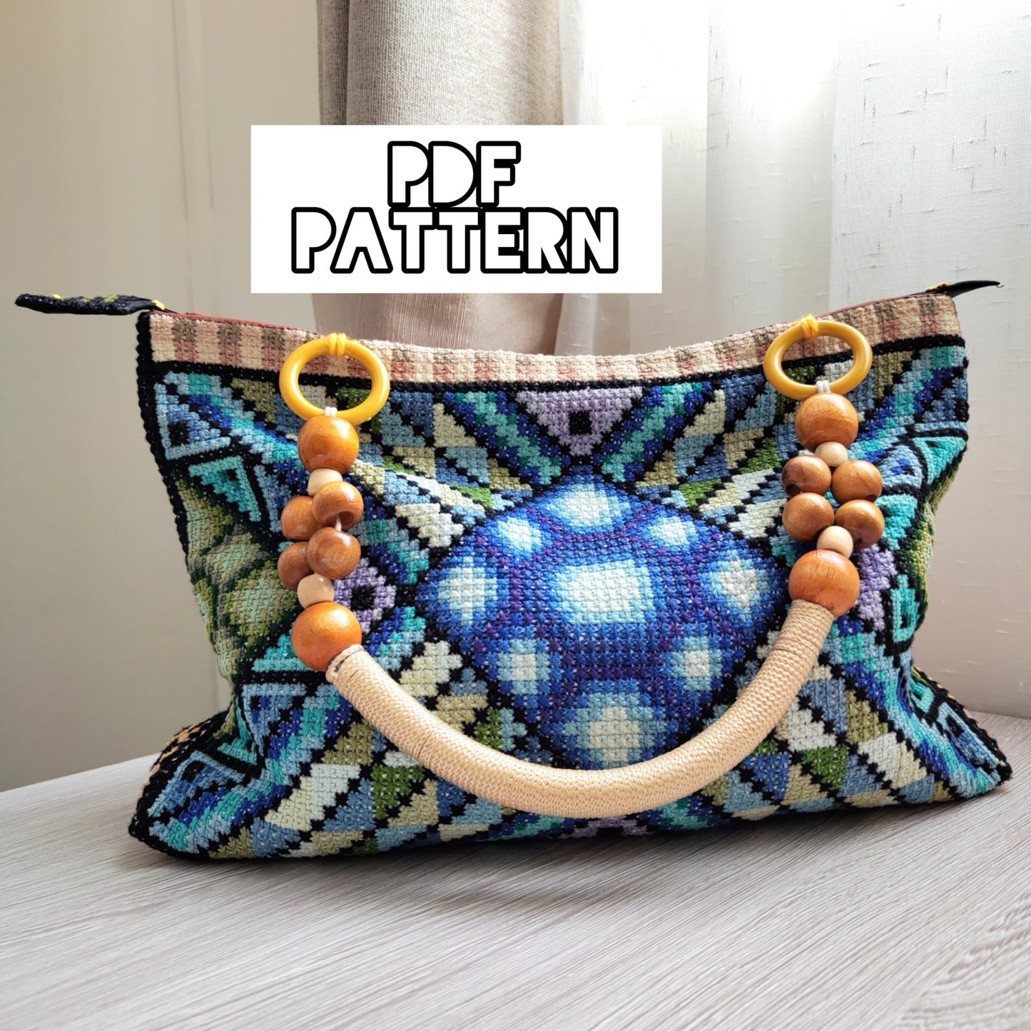 Double Cross Stitch Sampler - Blue Crystal, DIY Cross Stitch Bag, PDF Pattern, Geometric Ornament, Instant Download