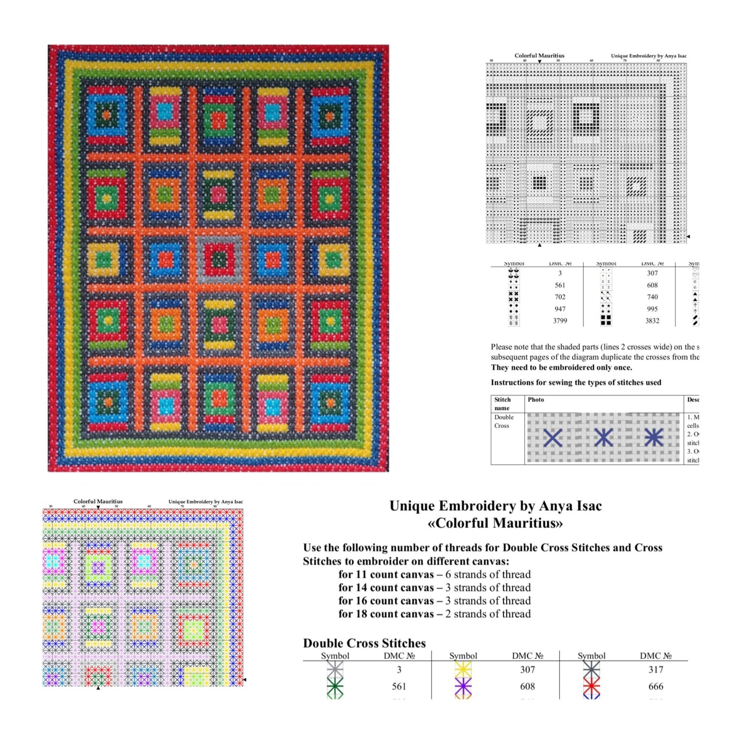 Mid Century Modern Cross Stitch Pattern PDF - Colorful Mauritius, Double Cross Stitch DIY Embroidery, Needlepoint Chart, Instant download