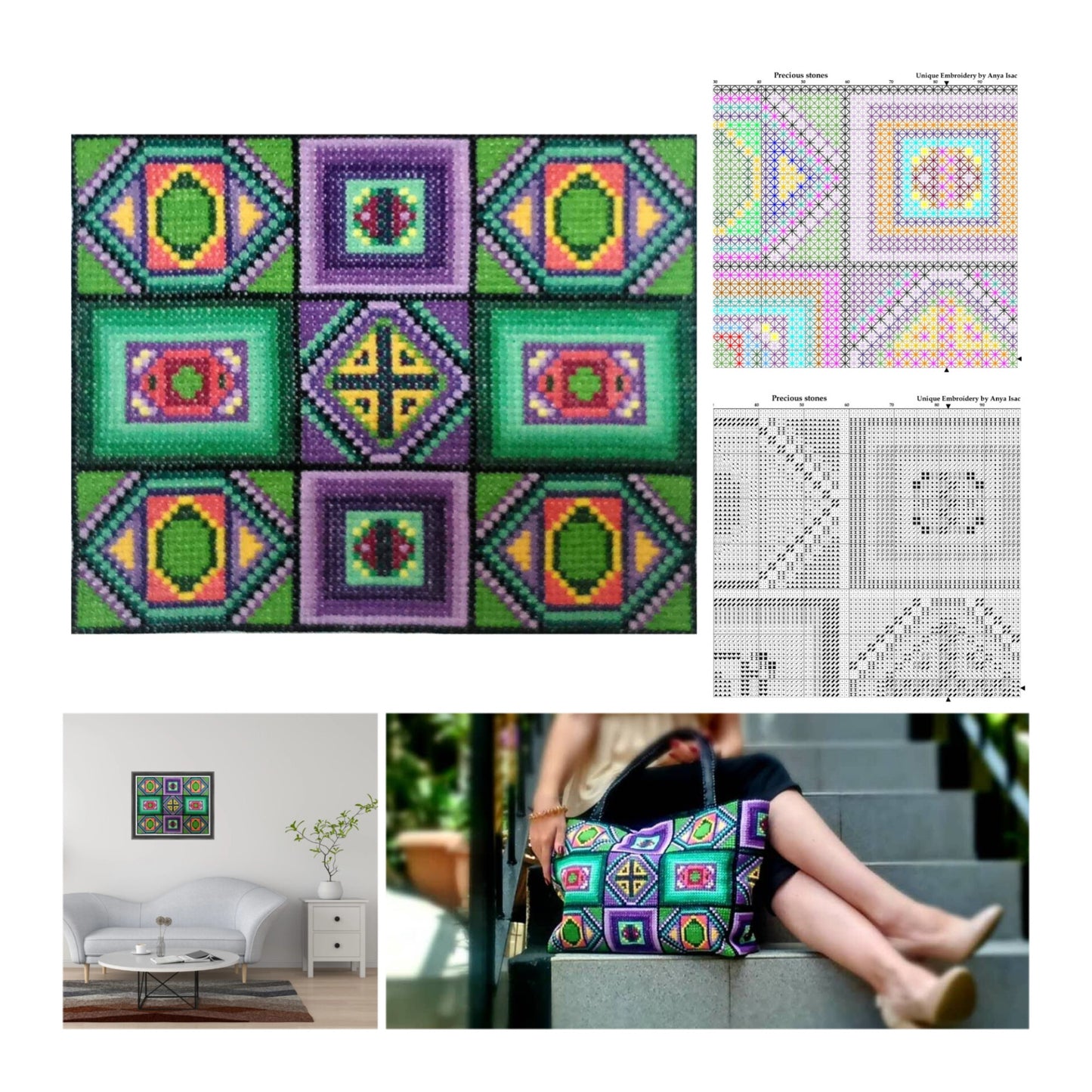 Sampler Cross Stitch Pattern PDF - Precious Stones, Double Cross Stitch DIY Embroidery Art, Green Tiles, Mid Century Modern Design Square