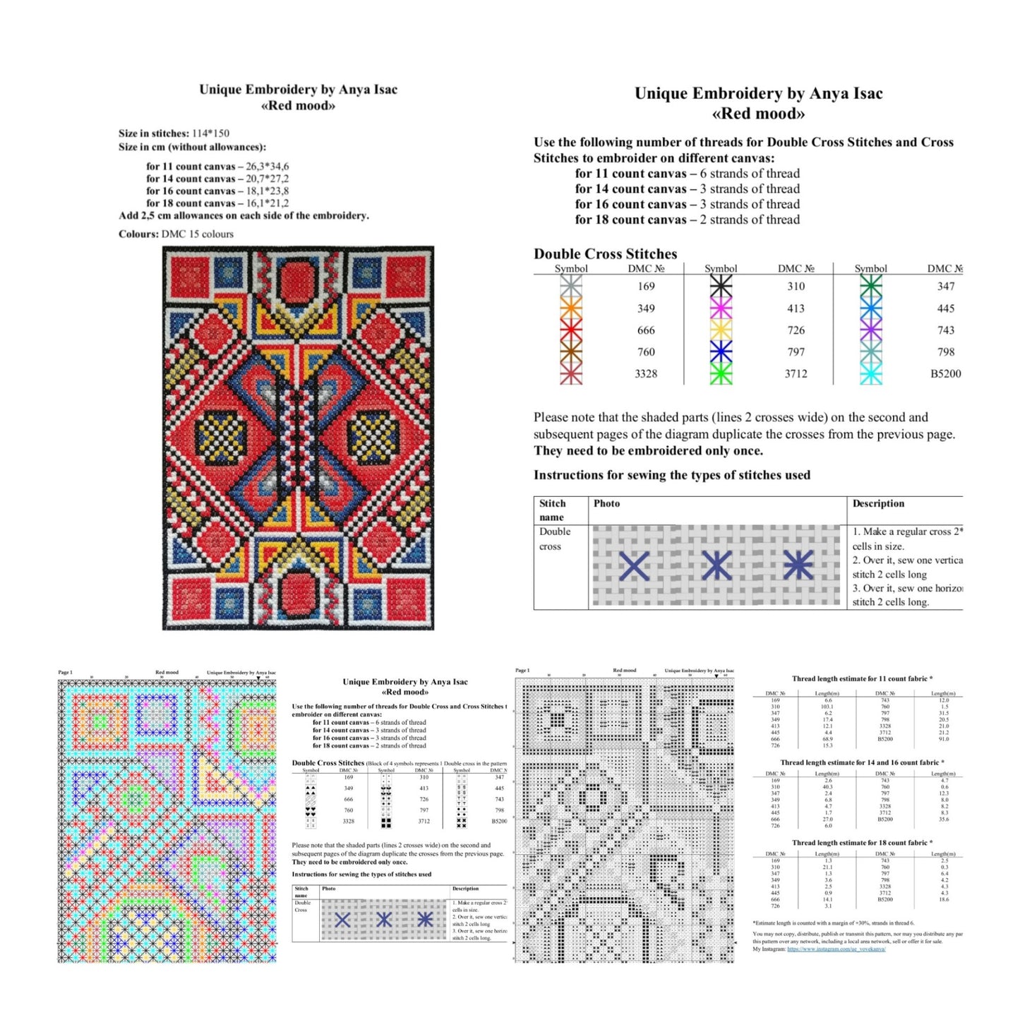 Sampler Cross Stitch Pattern PDF - Red mood, Double Cross Stitch DIY Geometric Abstract Ethnic, Ornamental Hand Embroidery Needlepoint Chart