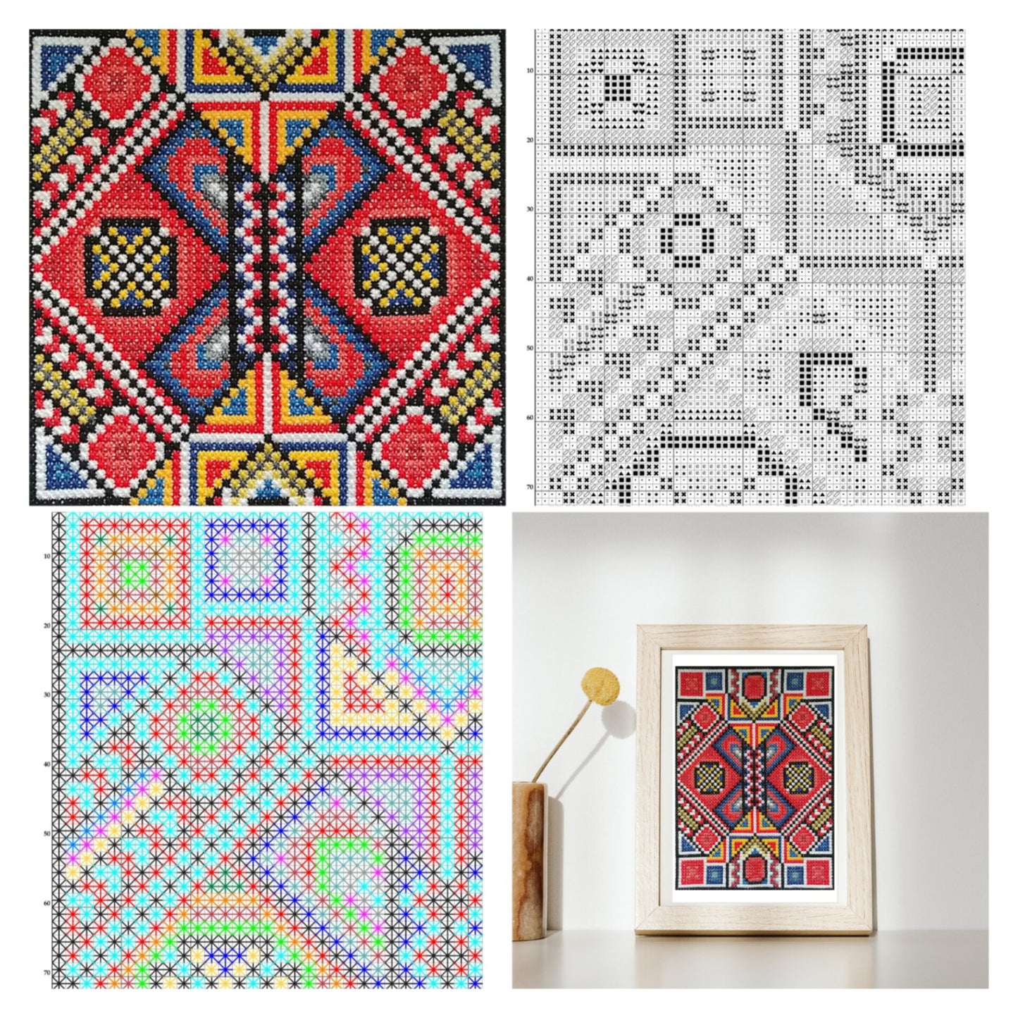 Sampler Cross Stitch Pattern PDF - Red mood, Double Cross Stitch DIY Geometric Abstract Ethnic, Ornamental Hand Embroidery Needlepoint Chart